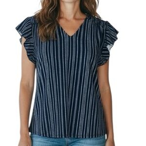 NWT ADRIANNA PAPELL Navy Blue Striped Ruffle Short Sleeve Blouse Size Medium